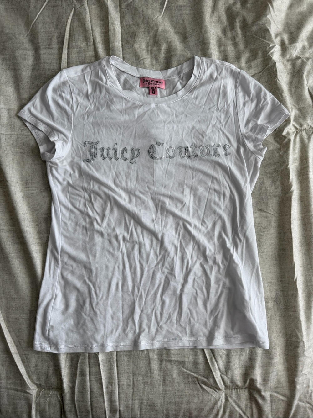 Juicy Couture White Rhinestone Logo Short Sleeve Tee (M)